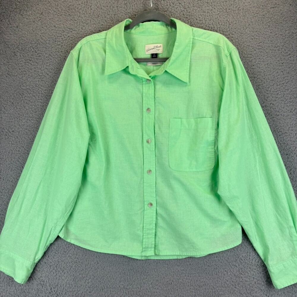 Linen Shirt Womens XXL Beachy Coastal Minimalist Natural Crop Breathable Green